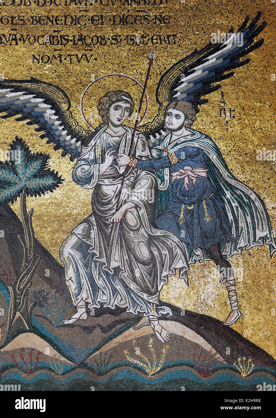 Un ange l'arrêt du sacrifice d'Abraham, l'or byzantin mosaïques au sol, Cathédrale de Santa Maria Nuova, Cathédrale de Monreale Banque D'Images