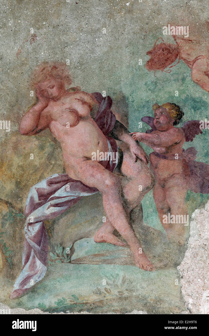La figure de Vénus et putto, Norman, fresque historique château de La Zisa, palais de la Zisa, Palerme, Sicile, Italie Banque D'Images