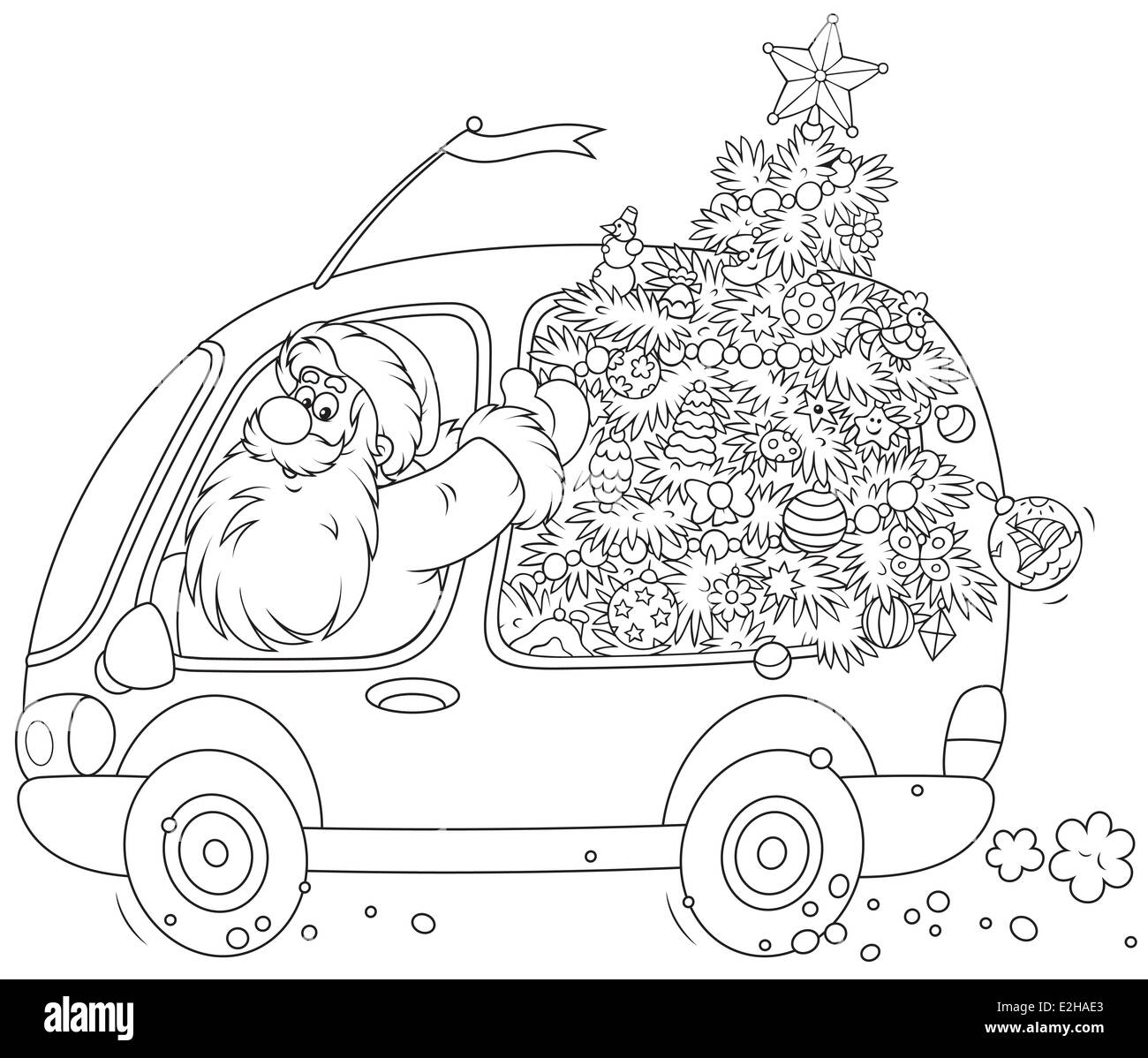 Santa Claus portant un arbre de Noël décoré dans sa voiture Banque D'Images