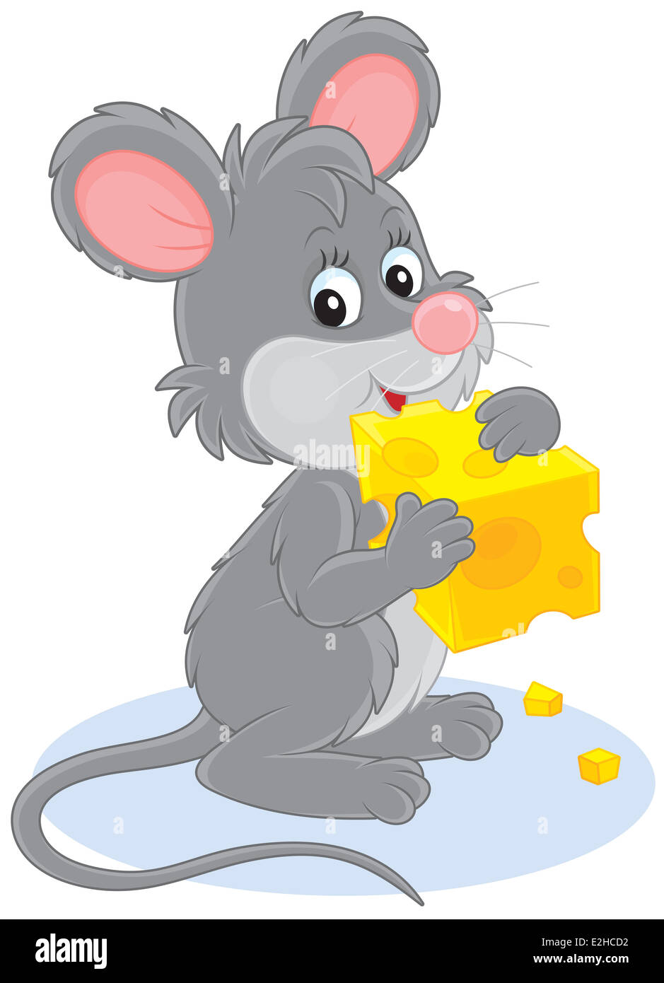 Peu de gris souris rongeant un morceau de fromage Banque D'Images