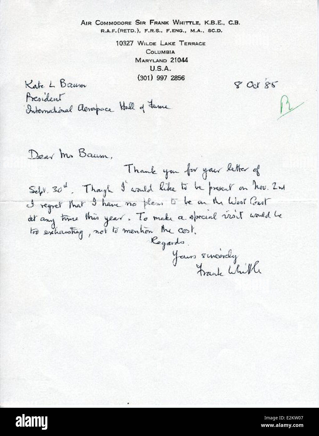 Sir Frank Whittle, un pionnier de la propulsion par réaction, est connu pour ses contributions au développement du moteur à réaction. Cet article présente son autographe, marquant un moment important dans l'histoire de l'aviation. Banque D'Images