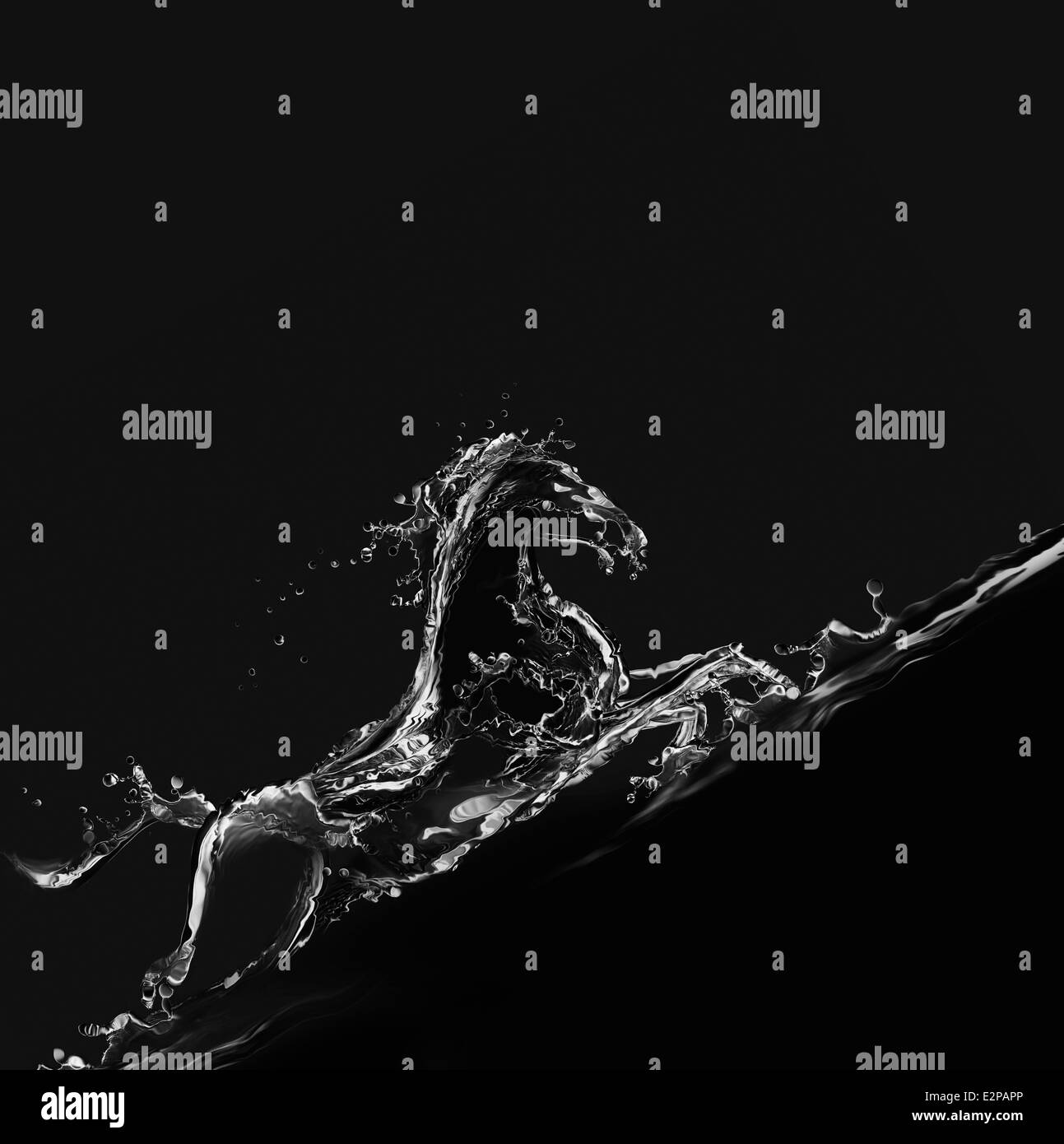 La silhouette d'un cheval de course de l'eau sur fond noir galopant vers le haut. Banque D'Images