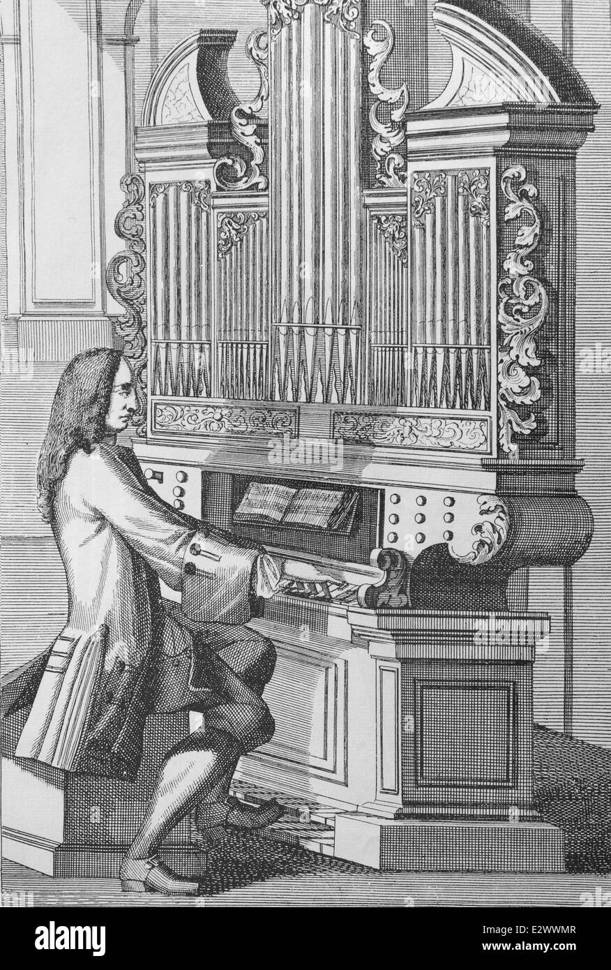 La musique. 17e siècle. Organiste. Gravure par J.C. Weigel (1661-1726). Plus tard la couleur. Banque D'Images