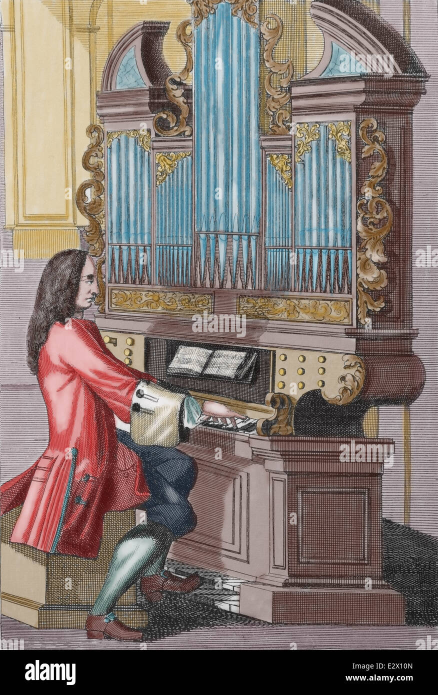 La musique. 17e siècle. Organiste. Gravure par J.C. Weigel (1661-1726). Plus tard la couleur. Banque D'Images