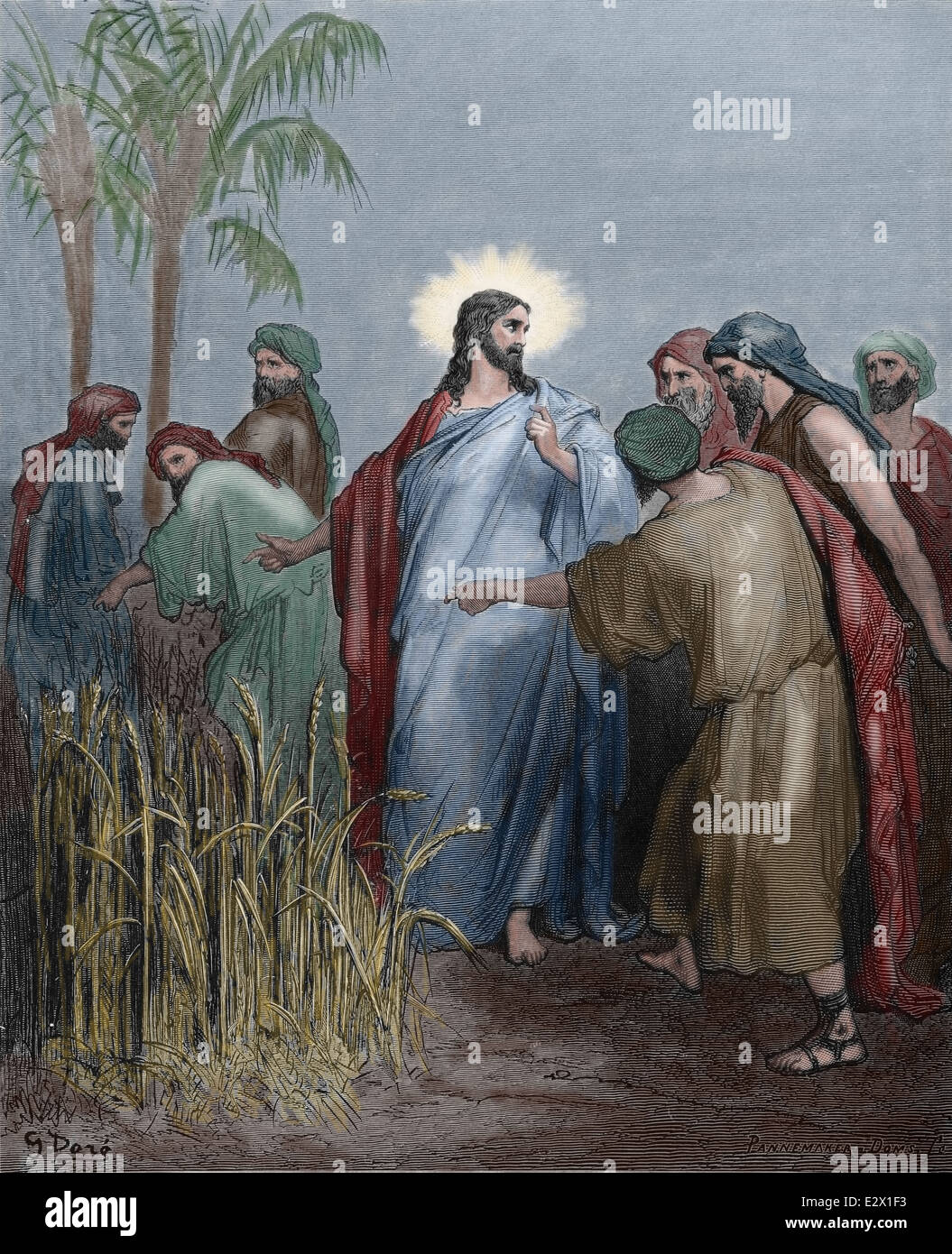Les Pharisiens défi Jésus sur ce qui permet à ses disciples d'aller chercher le grain sur le Sabbat. Gravure par Dore. 19e siècle. La couleur. Banque D'Images