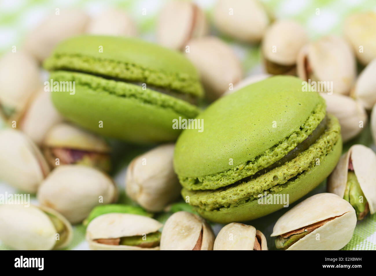 Sur macarons pistache pistaches, Close up Banque D'Images