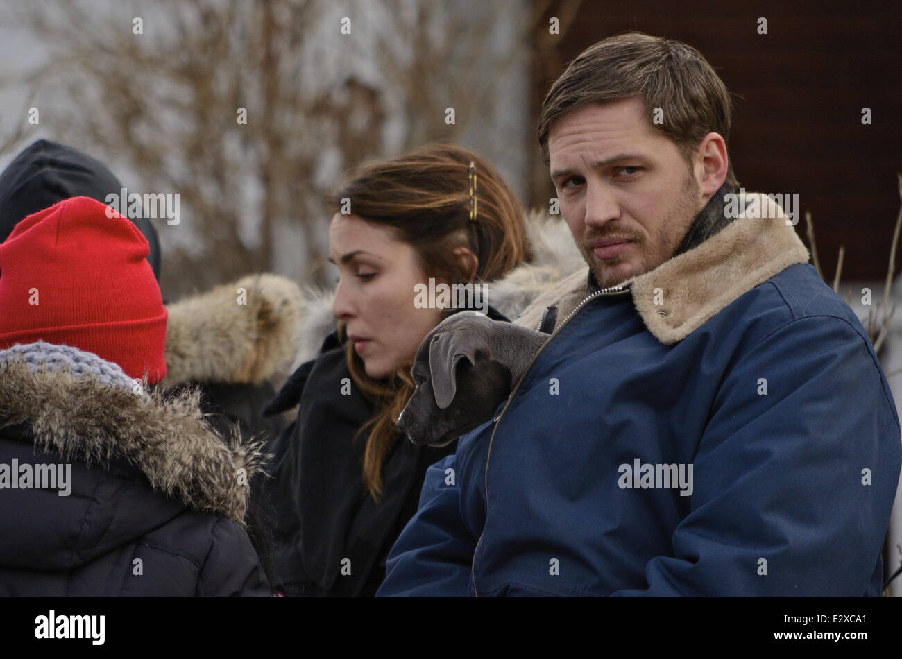 Tom Hardy avec un adorable chiot dans sa veste alors que sur l'ensemble d'Animal Rescue avec : Tom Hardy Où : New York, NY, United States Quand : 21 Mars 2013 Banque D'Images