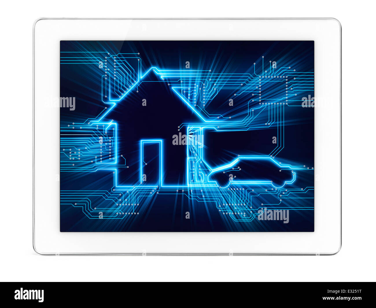 Connecté Maison et voiture électrique domotique avenir technologie ménage diagramme conceptuel sur l'affichage d'un ordinateur tablette Banque D'Images