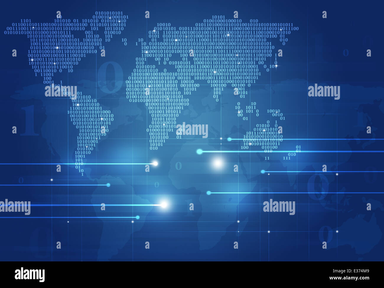 Résumé Le code binaire de la technologie carte du monde sur fond bleu foncé Banque D'Images