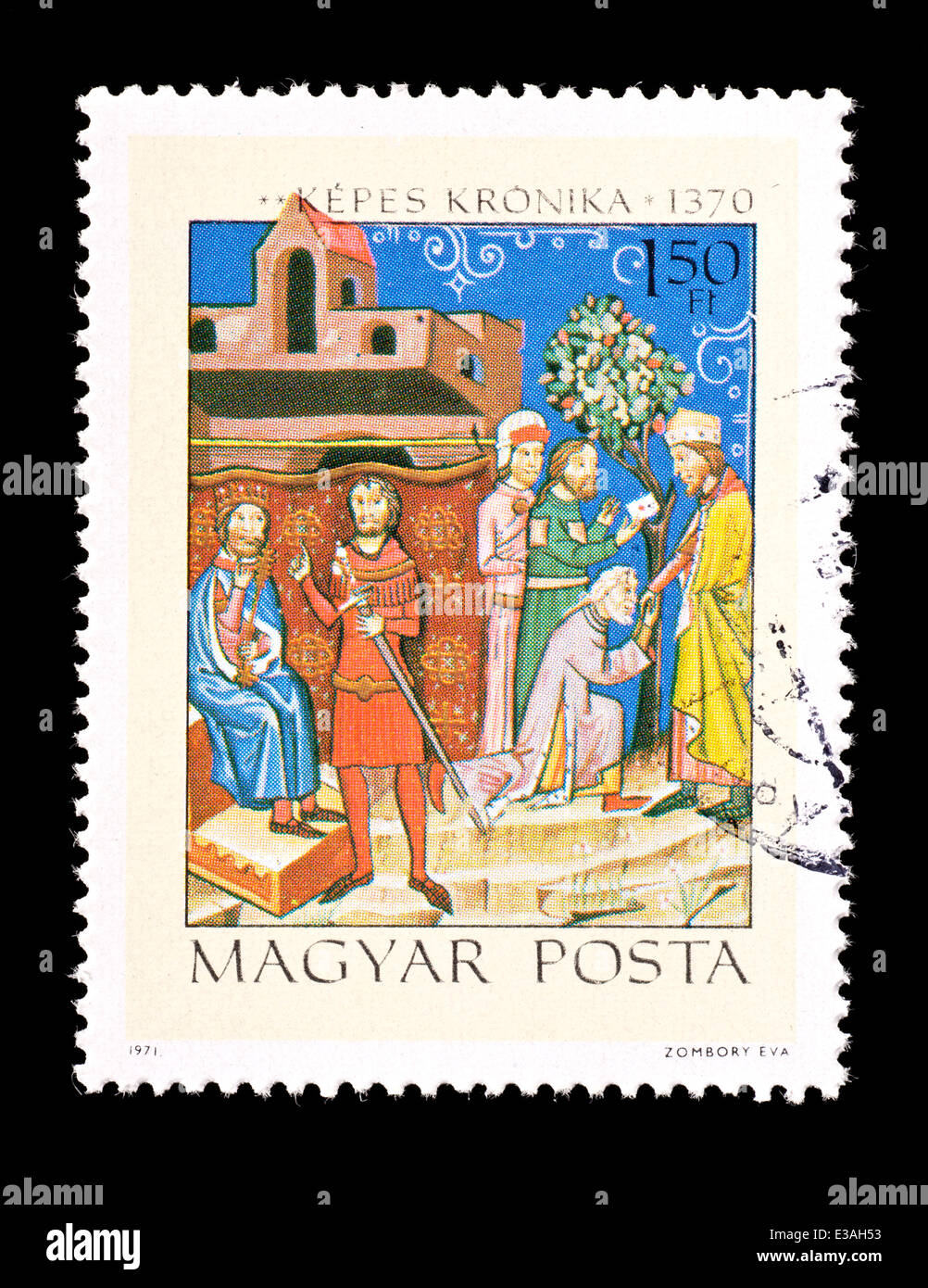 Timbre hongrois montrant les conflits entre le roi Salomon et le Prince Geza chronique illustrée de miniatures du roi Louis le Grand Banque D'Images