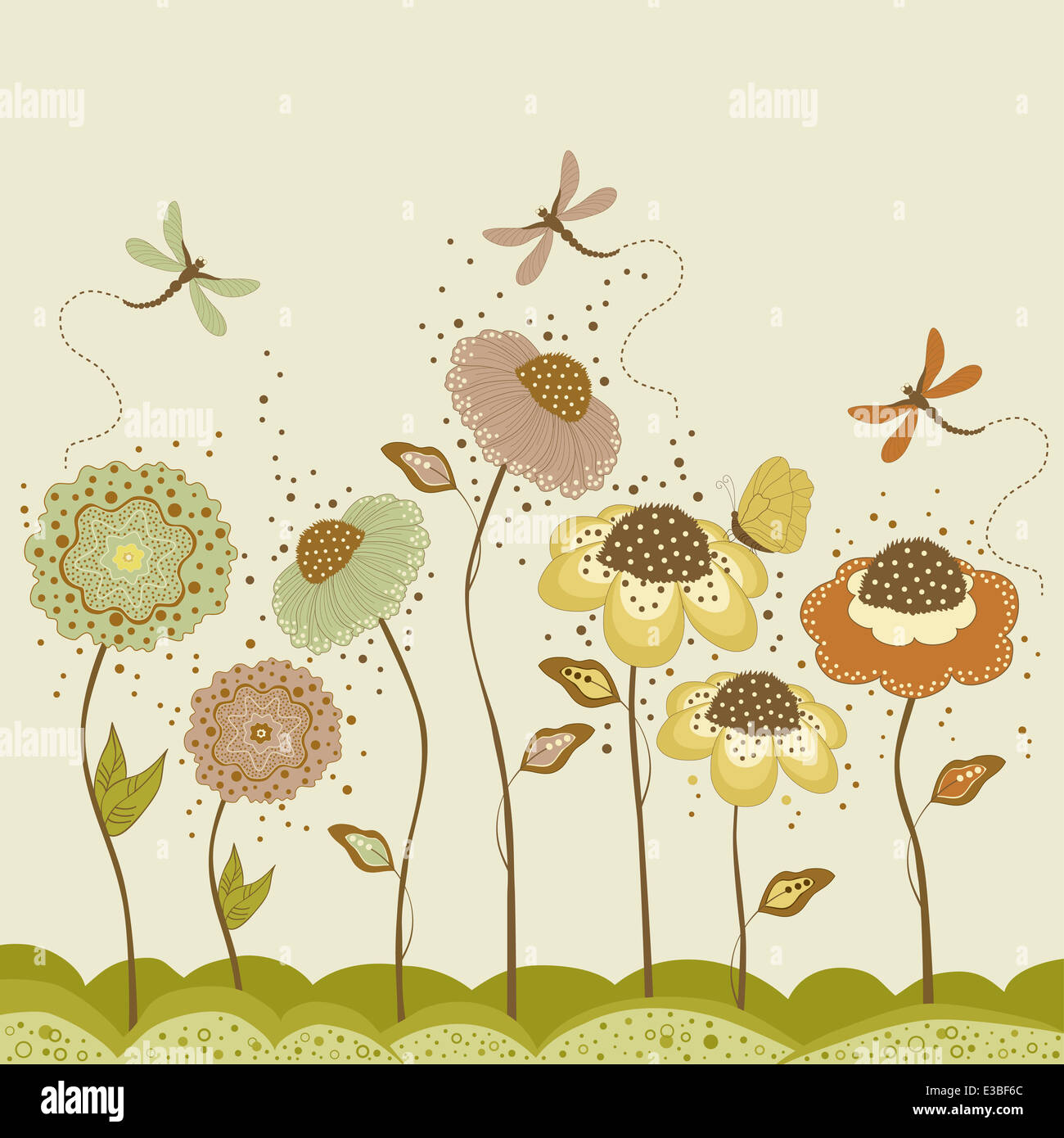 Carte florale de Fleurs stylisées et papillons Banque D'Images