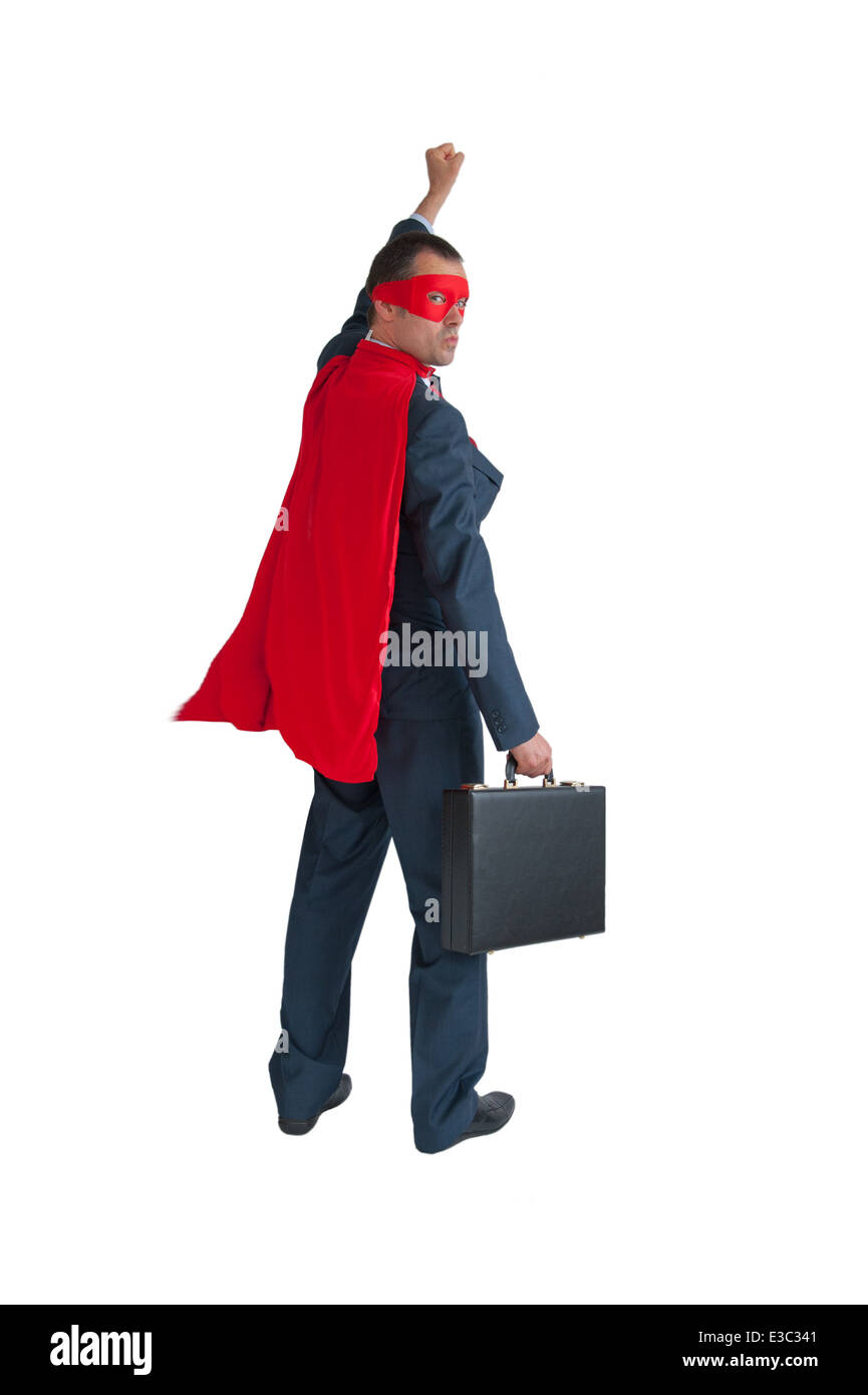 Superhero businessman portant une cape et masque de pompage poing isolé sur fond blanc Banque D'Images