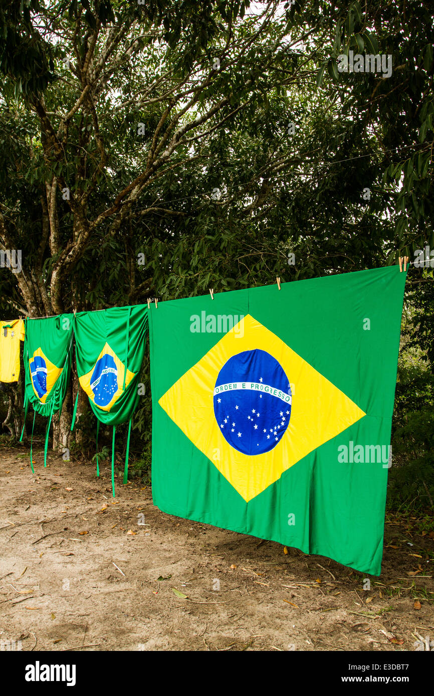 Drapeaux brésiliens en vente à SC 402 de la route. Florianopolis, Santa Catarina, Brésil. Banque D'Images