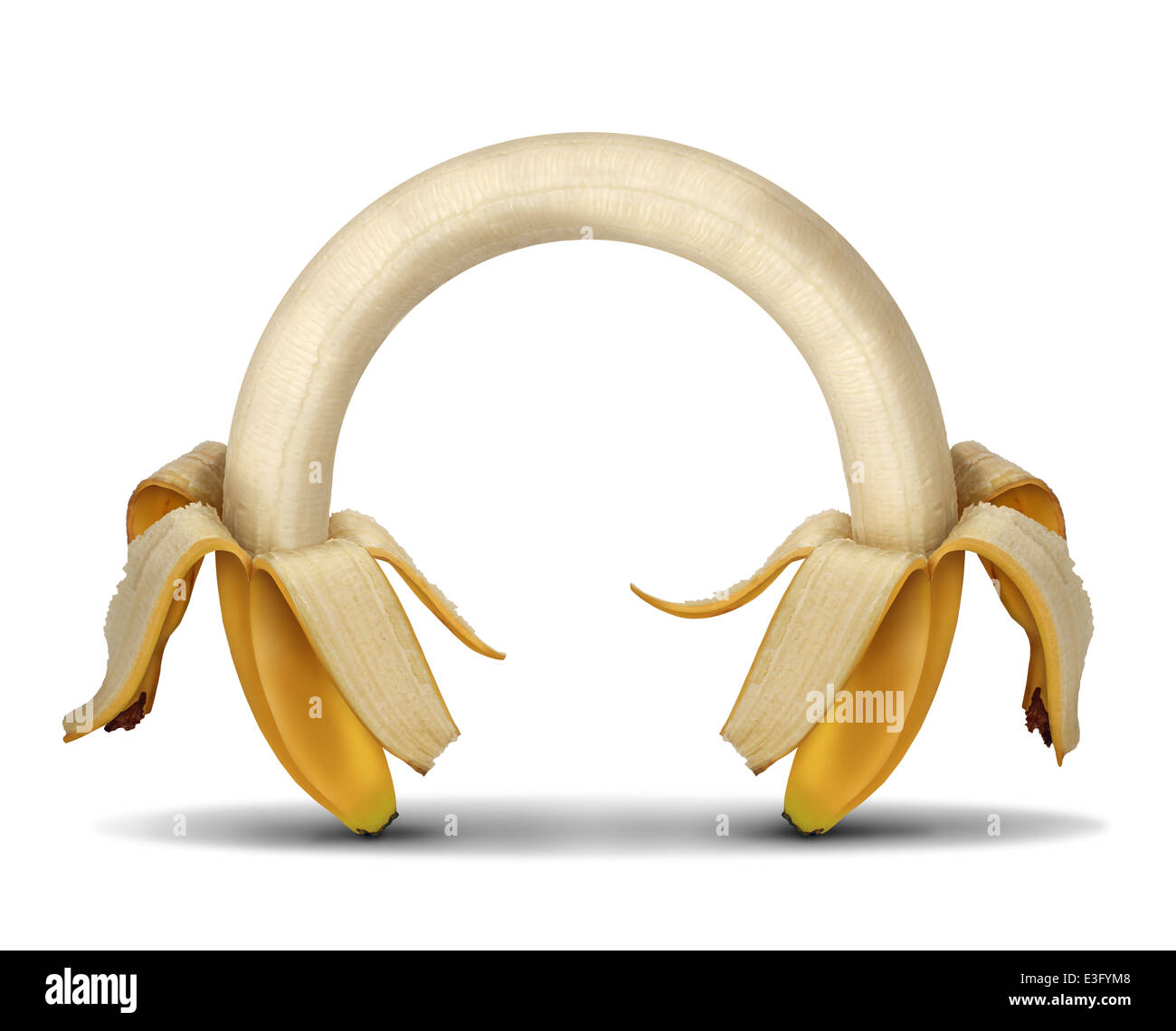 Connexion et alimentation Nutrition concept énergétique que deux bananes ouvert reliés ensemble comme un symbole d'une saine alimentation pour suivre un régime et un style de vie de forme physique sur un fond blanc. Banque D'Images