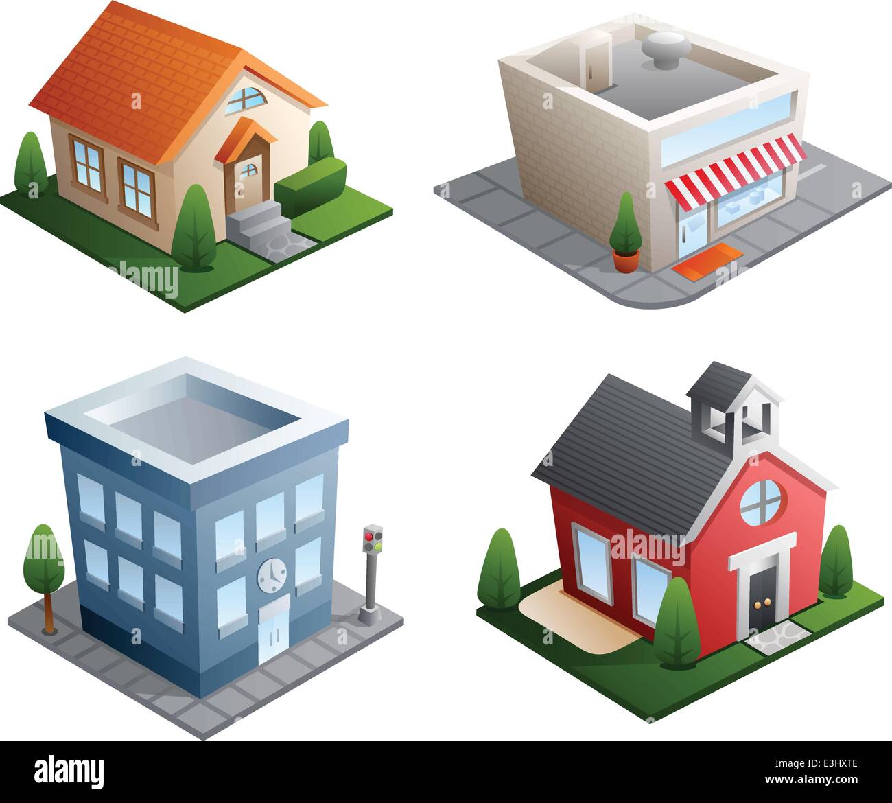 Ensemble de 4 illustrations de construction - Maison, magasin, bureau, à l'école Illustration de Vecteur