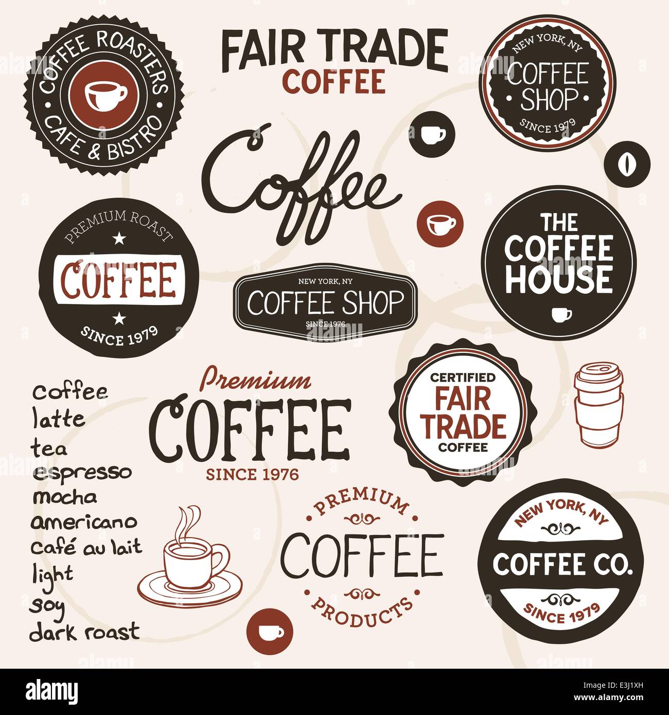 Ensemble d'insignes café rétro et dessiné et éléments Illustration de Vecteur