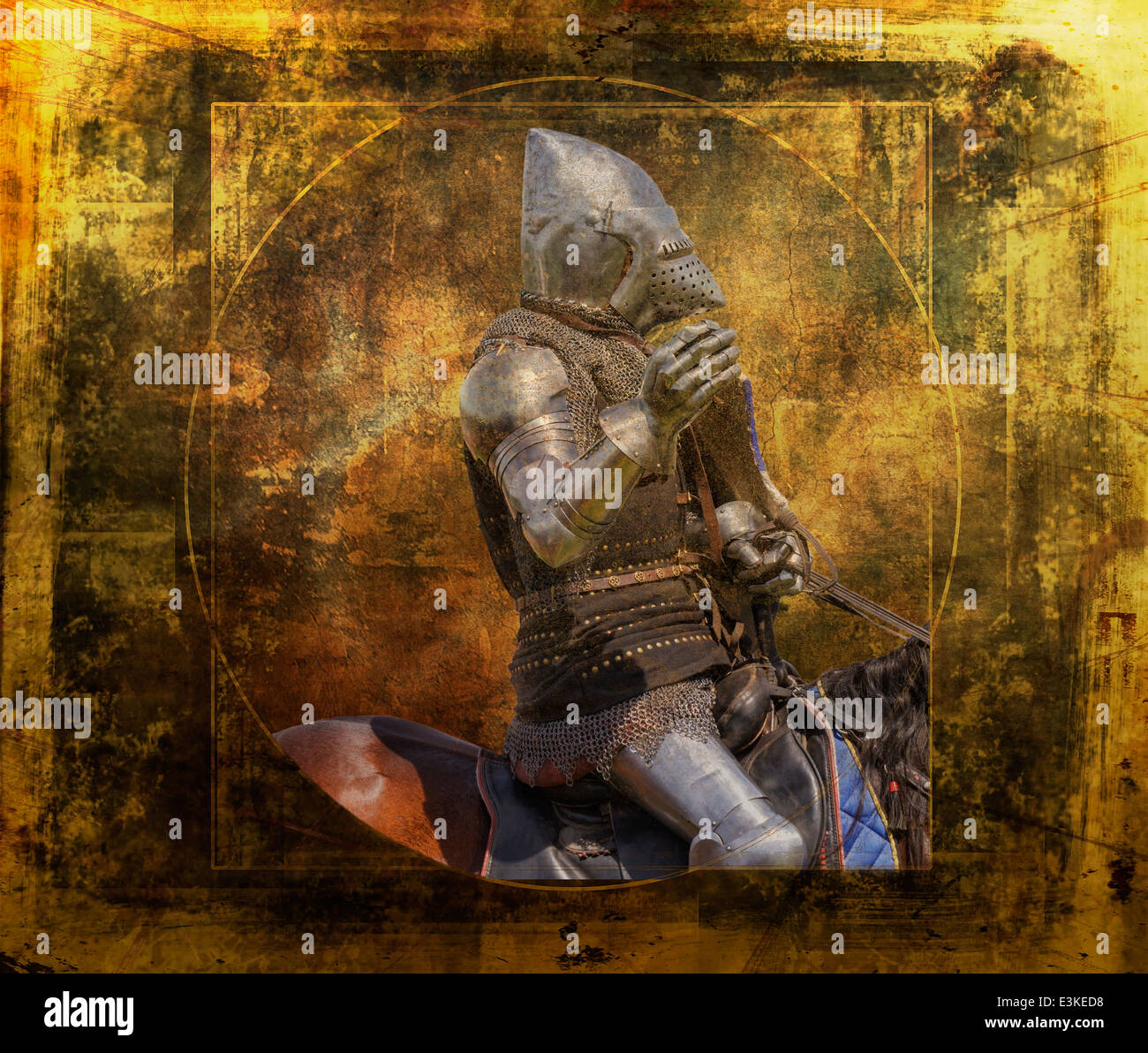 Armored knight sur cheval - carte postale rétro vintage sur fond de papier Banque D'Images