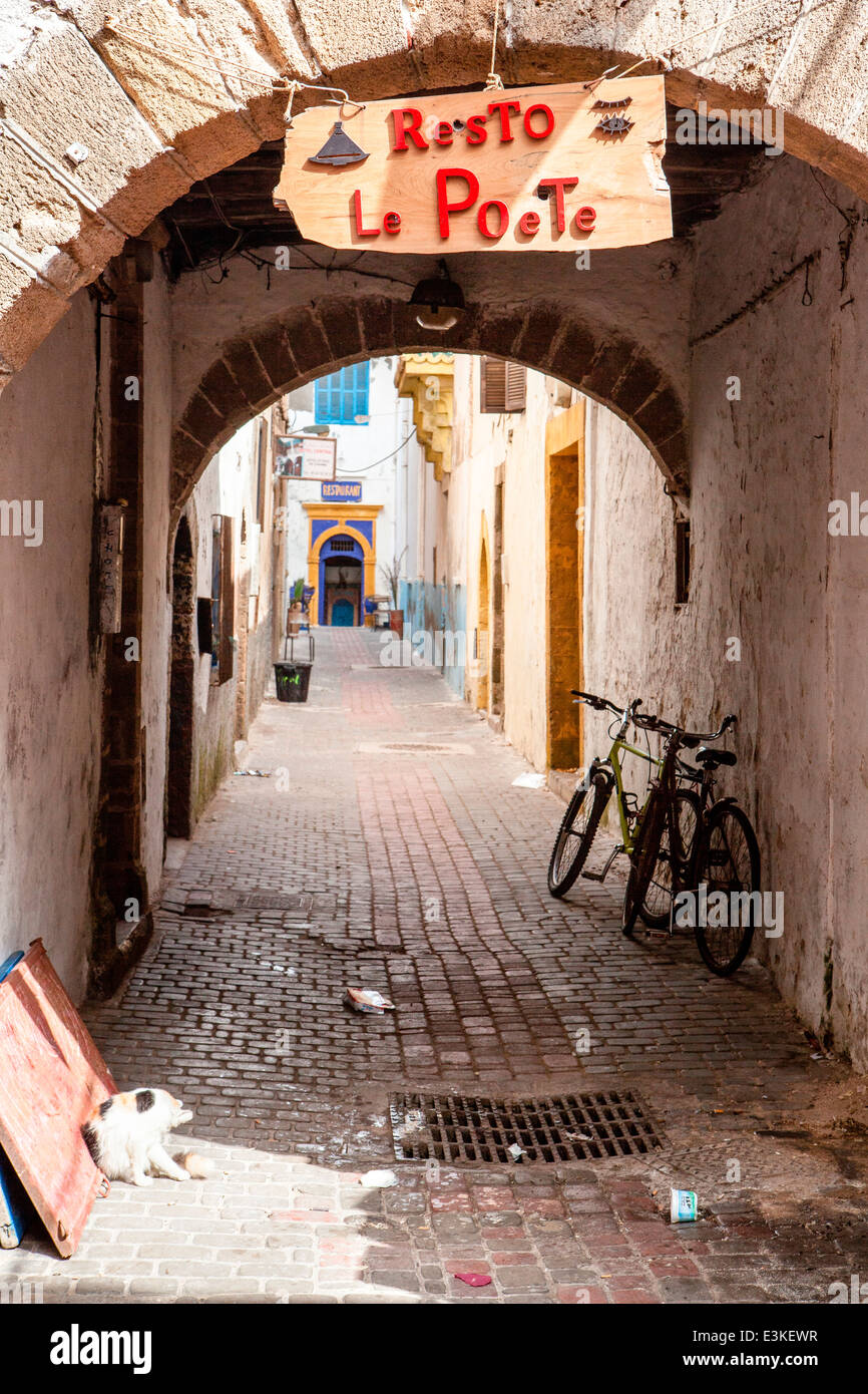 Vue d'une rue étroite traditionnelle autour de la médina, dans la ville côtière d'Essaouira, Maroc, Afrique du Nord. Banque D'Images