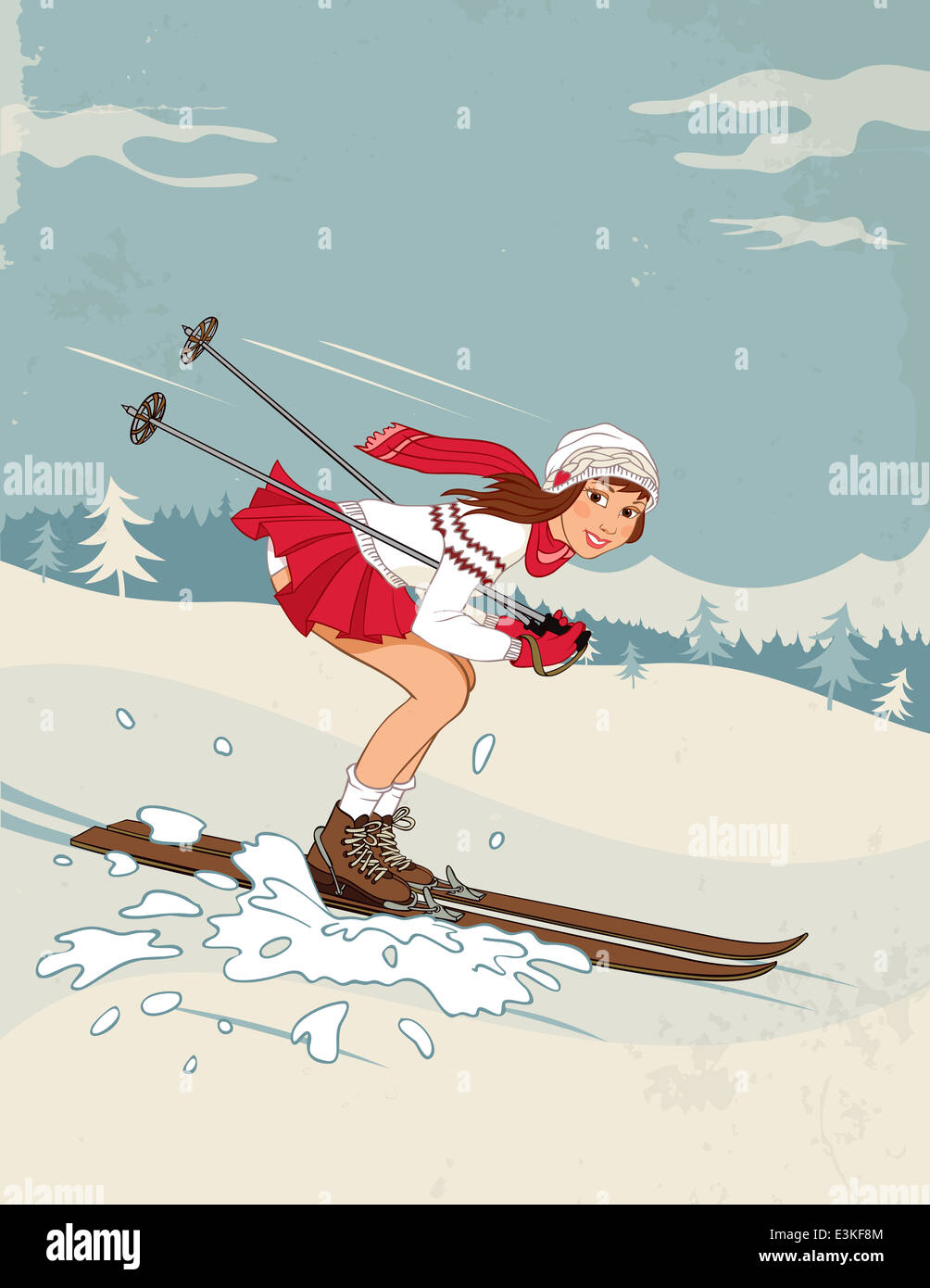 Sport d'hiver poster dans le style rétro avec pin-up Banque D'Images