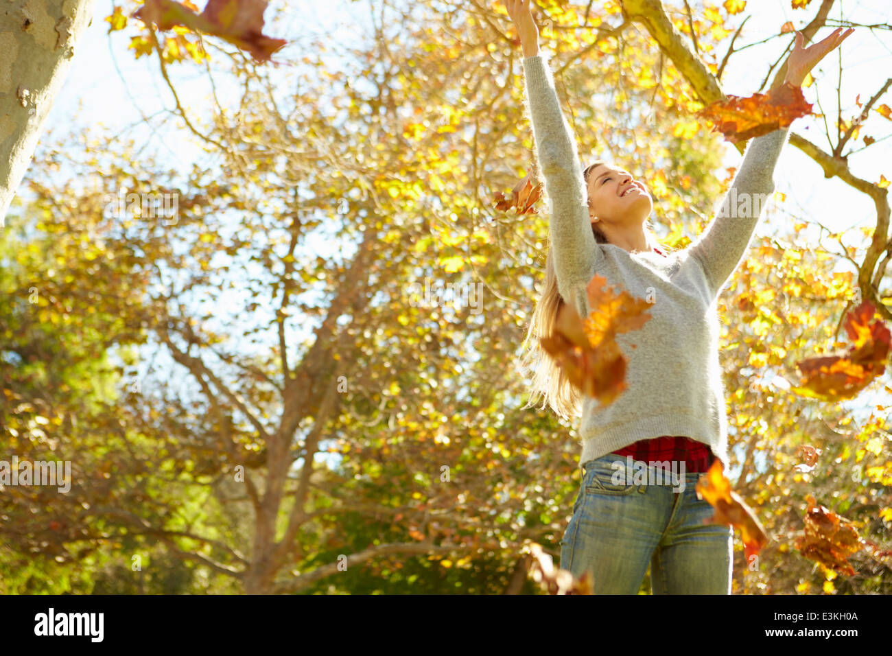 Woman Throwing les feuilles d'automne dans l'air Banque D'Images