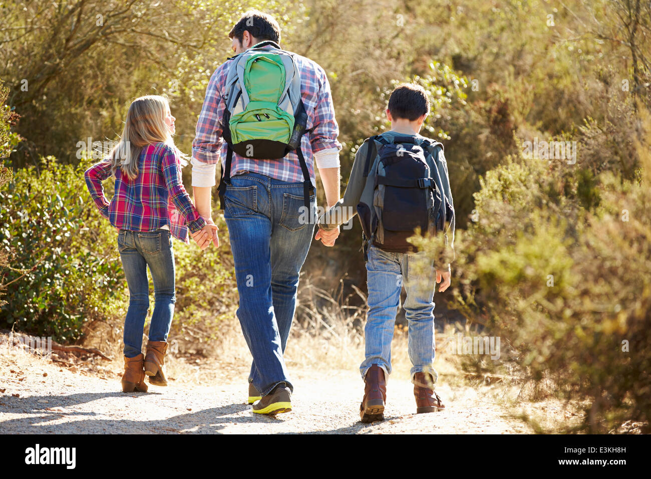 Vue arrière du père et des enfants Randonnées en campagne Banque D'Images