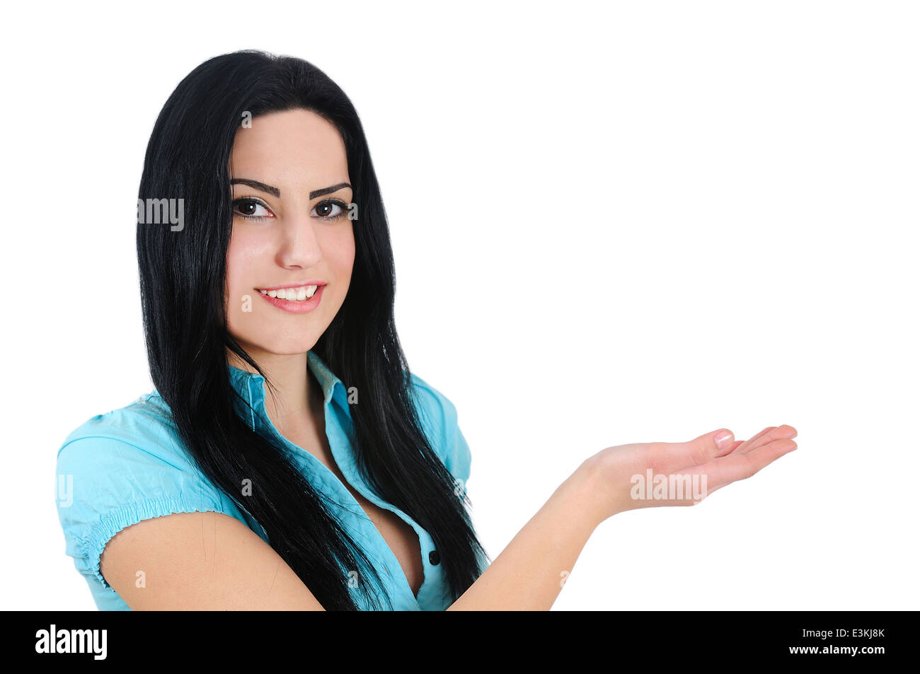 Les jeunes isolés business girl holding palm Banque D'Images