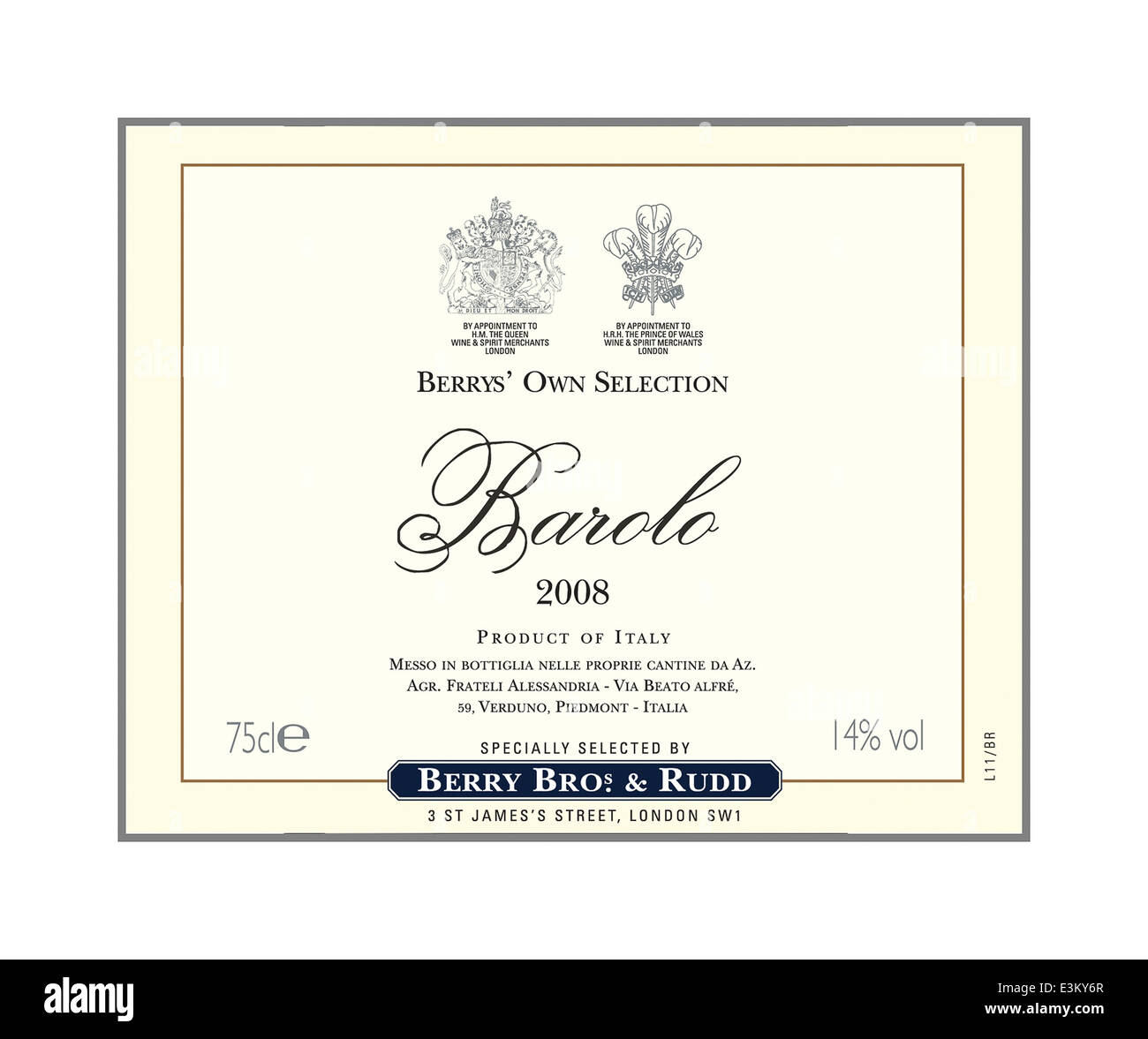 Berrys Bros & Rudd vin italien Barolo rouge fine étiquette bouteille 2008 Banque D'Images