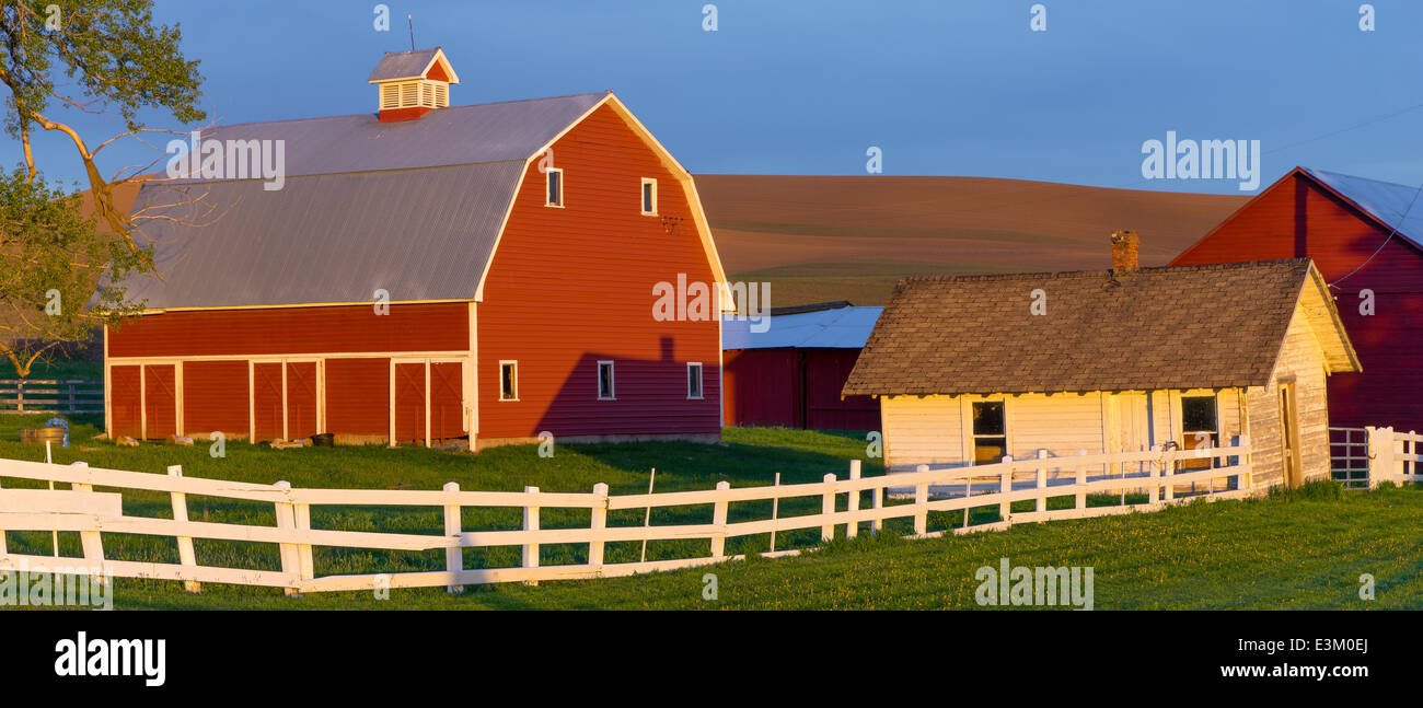 La Palouse, Whitman County, Washington : grange rouge et lumière du soir en scène de ferme Banque D'Images