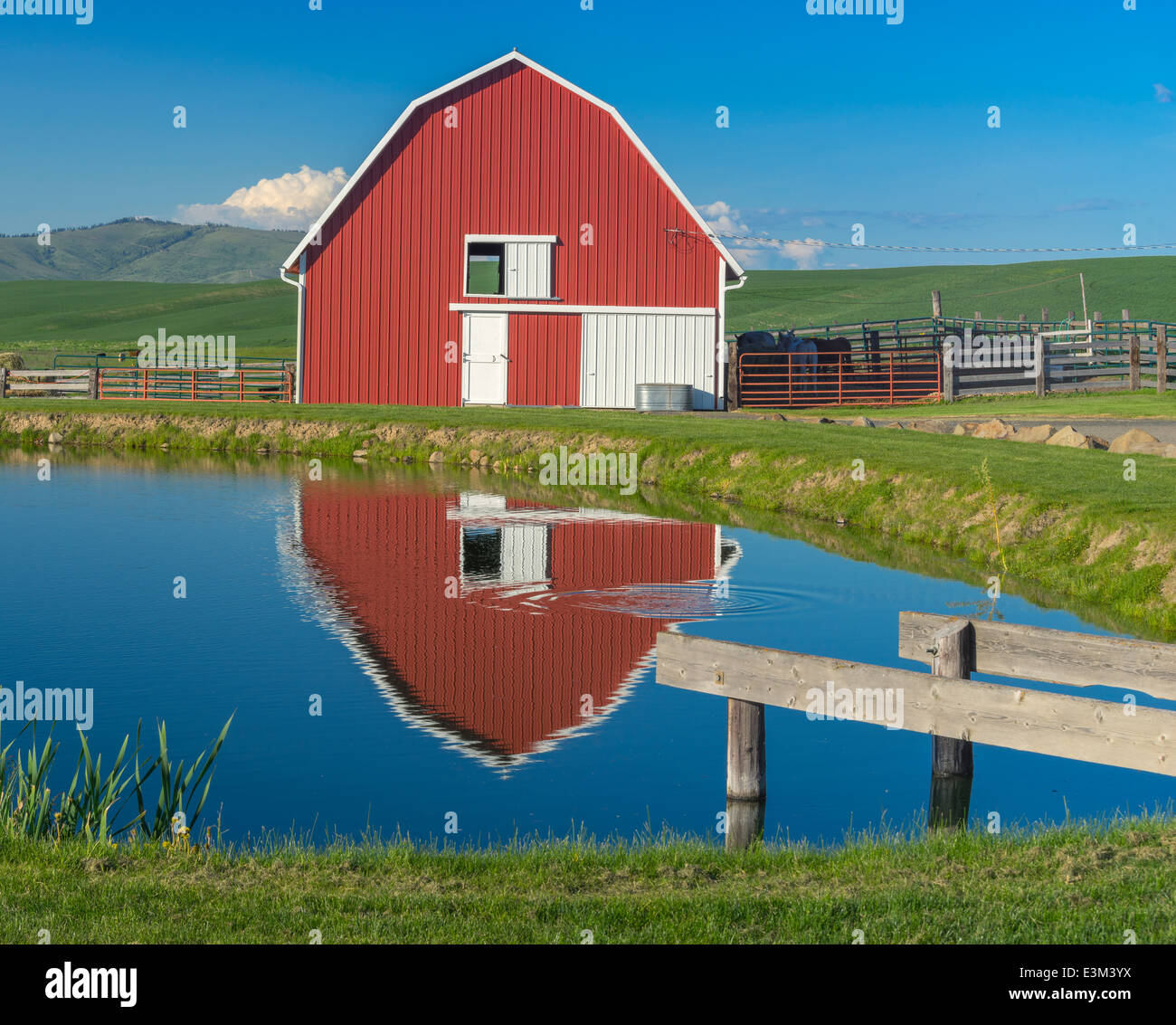 La Palouse, Whitman Comté, WA : grange rouge et la réflexion de l'étang Banque D'Images