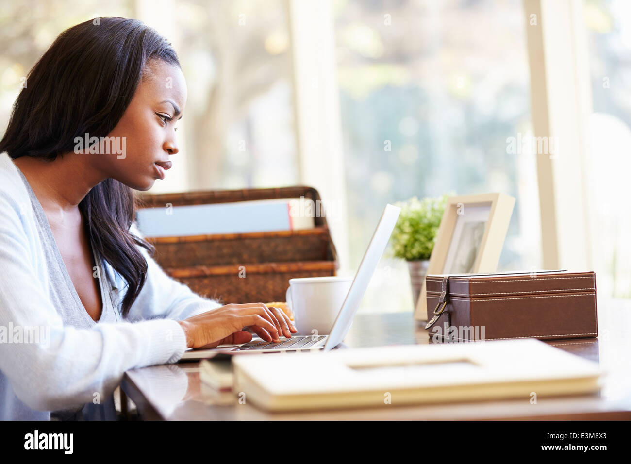 Femme à l'aide d'un ordinateur portable sur un bureau à la maison Banque D'Images