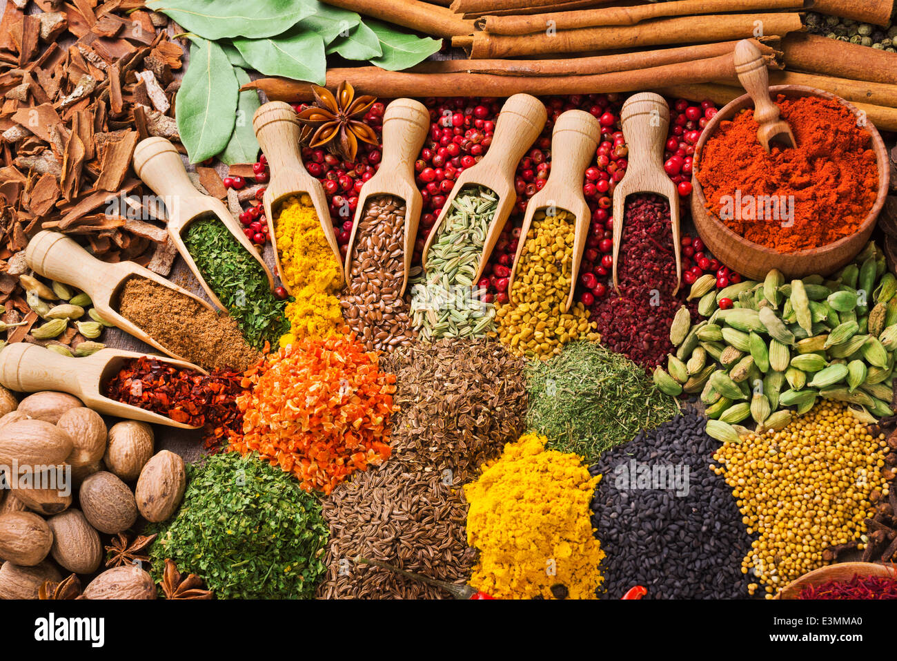 Composition colorée avec différentes épices et fines herbes Banque D'Images