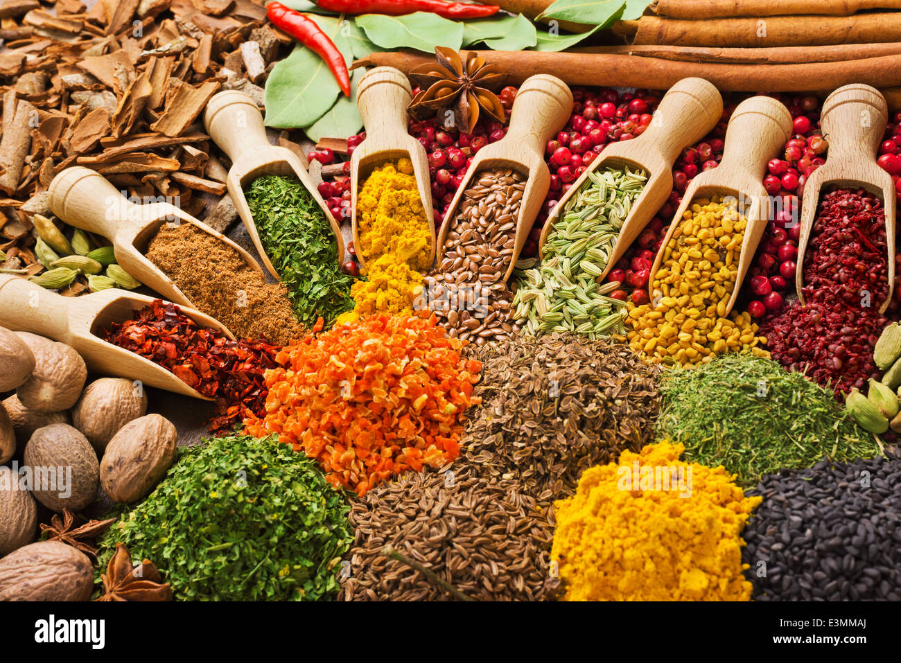 Composition colorée avec différentes épices et fines herbes Banque D'Images
