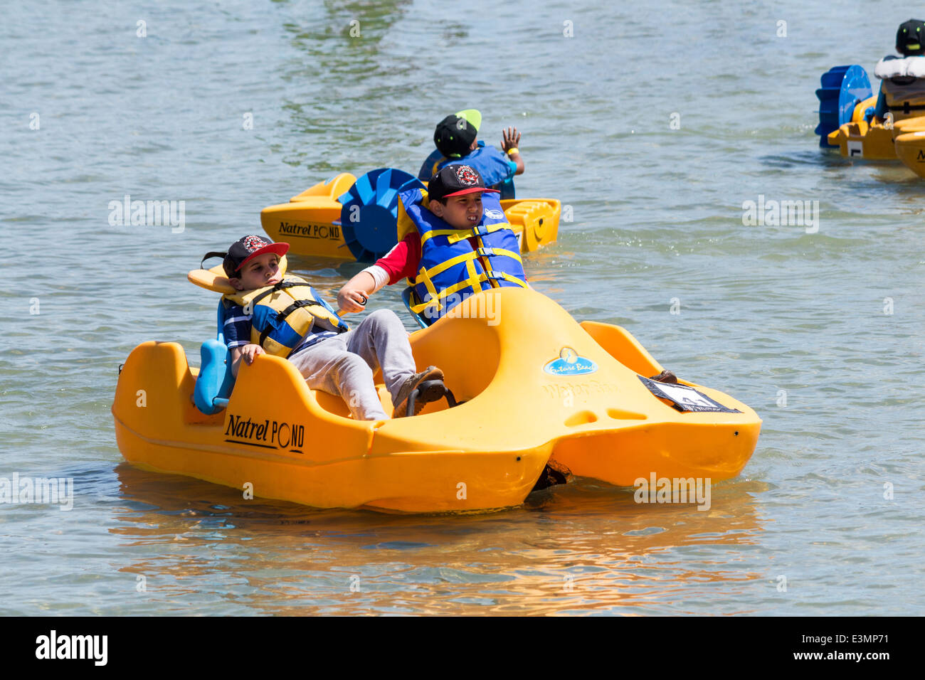 Les enfants sur des pédalos sur l'Étang Natrel au Harbourfront Centre au bord de l'eau du lac Ontario à Toronto, Canada Banque D'Images