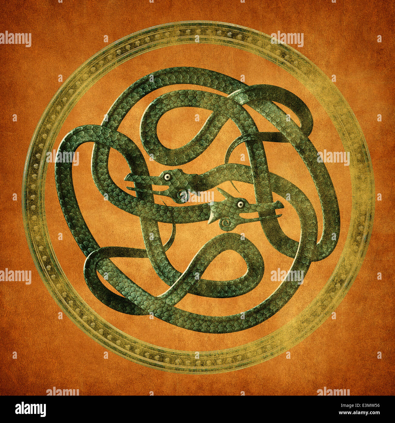 Serpent vert noeud celtique sur un vieux document parchemin Banque D'Images