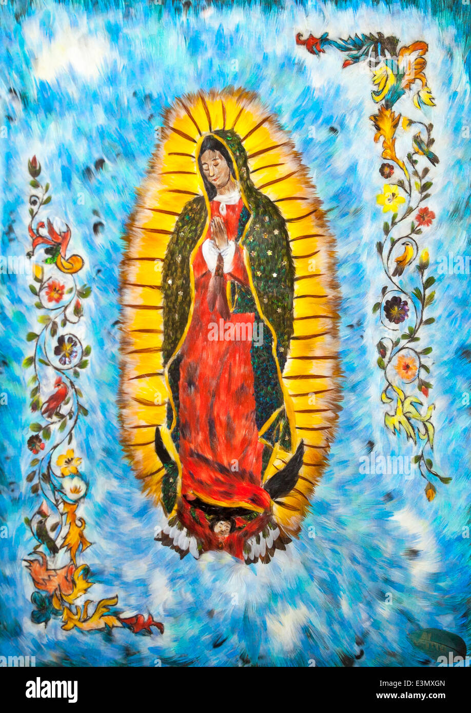 Virgen de Guadalupe en mosaïque de plumes par Alma Alicia Arias Diaz Barriga Banque D'Images