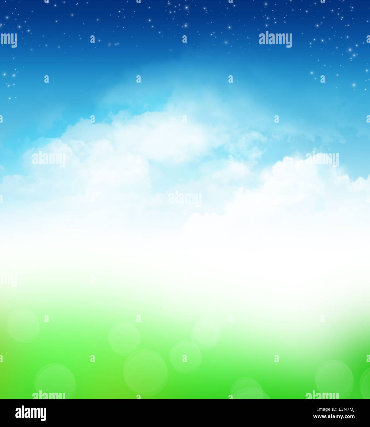 Ciel nuageux Ciel bleu avec des étoiles et green field abstract background Banque D'Images