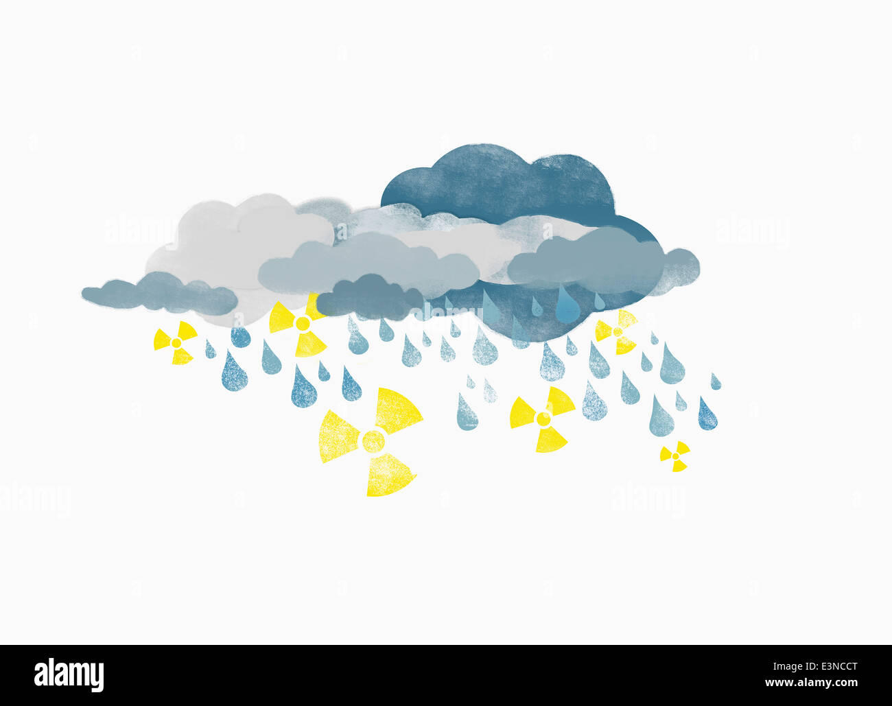 Nuages de tempête de pluie gouttes d'eau radioactive et symboles, illustration Banque D'Images