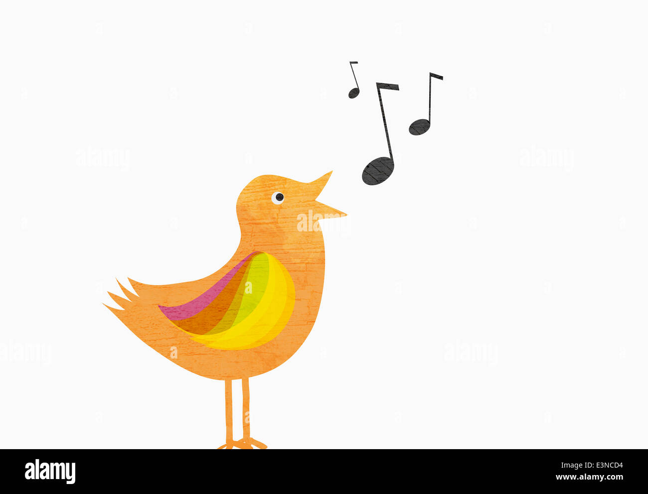 Un oiseau chanteur avec des notes de musique against white background Banque D'Images