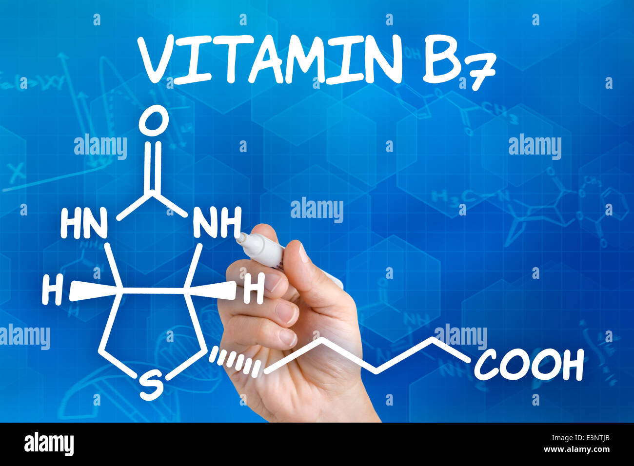 La main avec dessin de plume la formule chimique de la vitamine B7 Banque D'Images