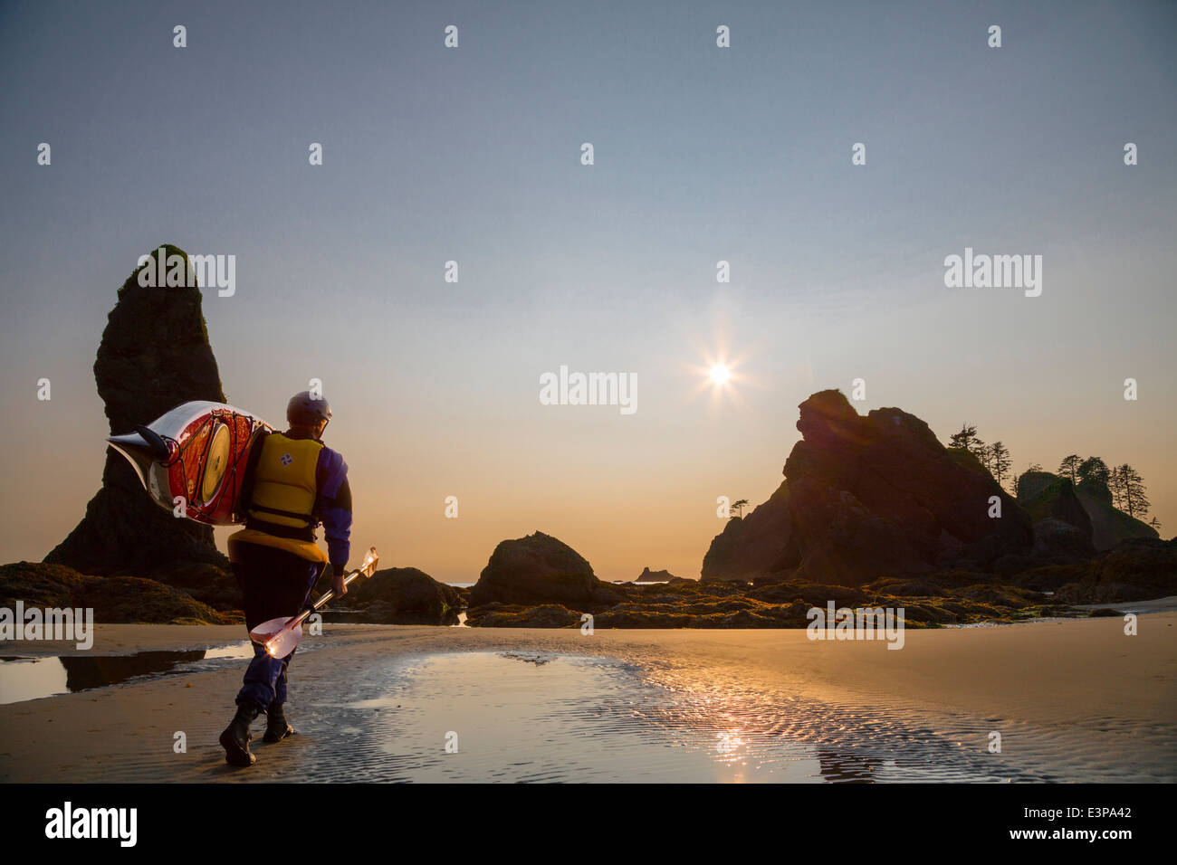 L'État de Washington, USA, exercent sur l'Homme en kayak de mer, sur la plage au point d'Arches, Olympic National Park. (MR) Banque D'Images