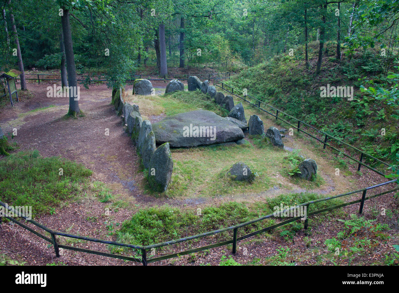 Sieben Steinhaeuser. Tumulus néolithique sur la zone d'entraînement de l'OTAN de Bergen-Hohne. Lueneburg Heath, Basse-Saxe, Allemagne Banque D'Images