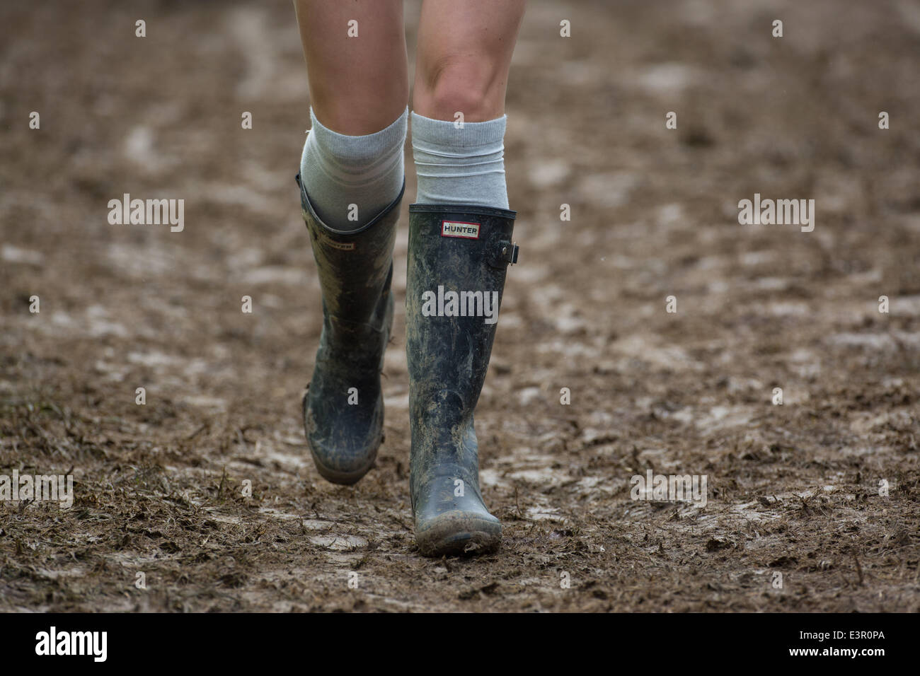 Bottes Wellington sont vus marcher dans les champs boueux de digne ferme pendant le festival de Glastonbury en 2014 dans le Somerset, juin 2014. Banque D'Images