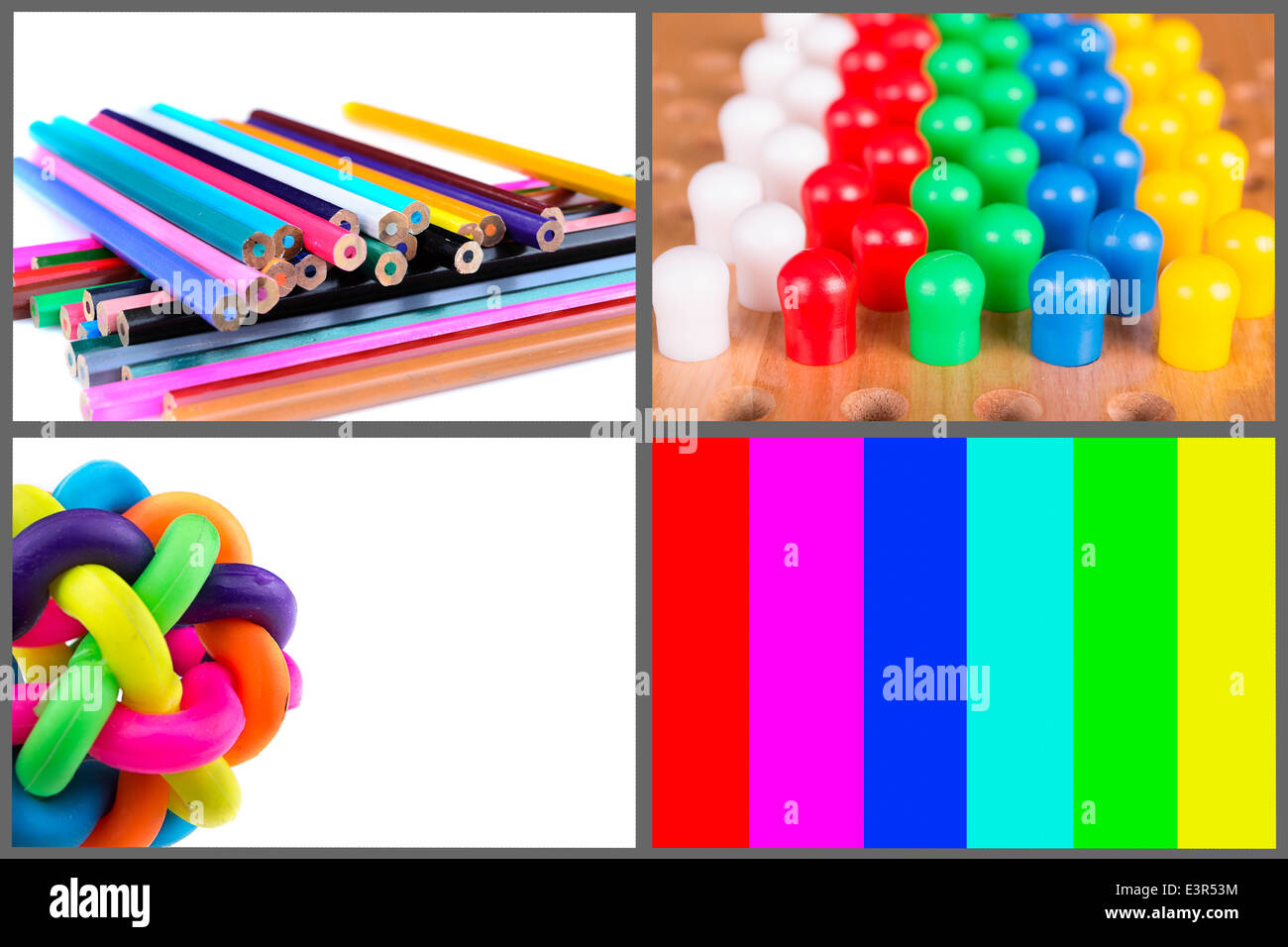 Les objets colorés crayons, écran, balle de caoutchouc, les broches Banque D'Images