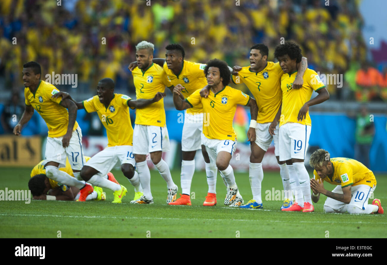 Belo Horizonte, Minas Gerais, Brésil. 28 Juin, 2014. Belo Horizonte BRÉSIL--28 juin : joueurs brésiliens célébration dans le match entre le Brésil et le Chili, correspondind à la dernière ronde de 16 de la Coupe du Monde Brésil 2014, joué au stade Mineirao de Belo Horizonte, le 28 juin 2014. /Nurphoto Urbanandsport Photo. /NurPhoto Urbanandsport : Crédit/ZUMAPRESS.com/Alamy Live News Banque D'Images