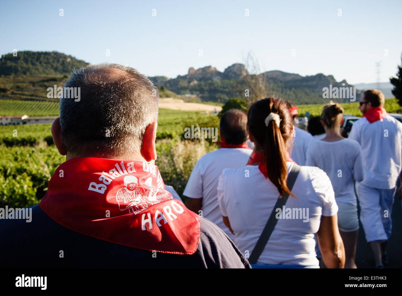 Riscos de Bilibio, Haro, La Rioja, Espagne. 29 juin 2014. Haro carnavaliers à Bataille de vin qui a lieu chaque année sur la journée. La bataille voit des milliers de personnes escalader une montagne près de la ville de Haro et mauvais vin au-dessus de l'autre. Haro est au cœur de la région viticole de Rioja. En 2013 35  % des exportations de La Rioja étaient destinées au Royaume-Uni. Credit : James Sturcke/Alamy Live News Banque D'Images