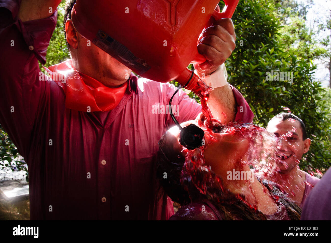 Riscos de Bilibio, Haro, La Rioja, Espagne. 29 juin 2014. Haro carnavaliers à Bataille de vin qui a lieu chaque année sur la journée. La bataille voit des milliers de personnes escalader une montagne près de la ville de Haro et mauvais vin au-dessus de l'autre. Haro est au cœur de la région viticole de Rioja. En 2013 35  % des exportations de La Rioja étaient destinées au Royaume-Uni. Credit : James Sturcke/Alamy Live News Banque D'Images