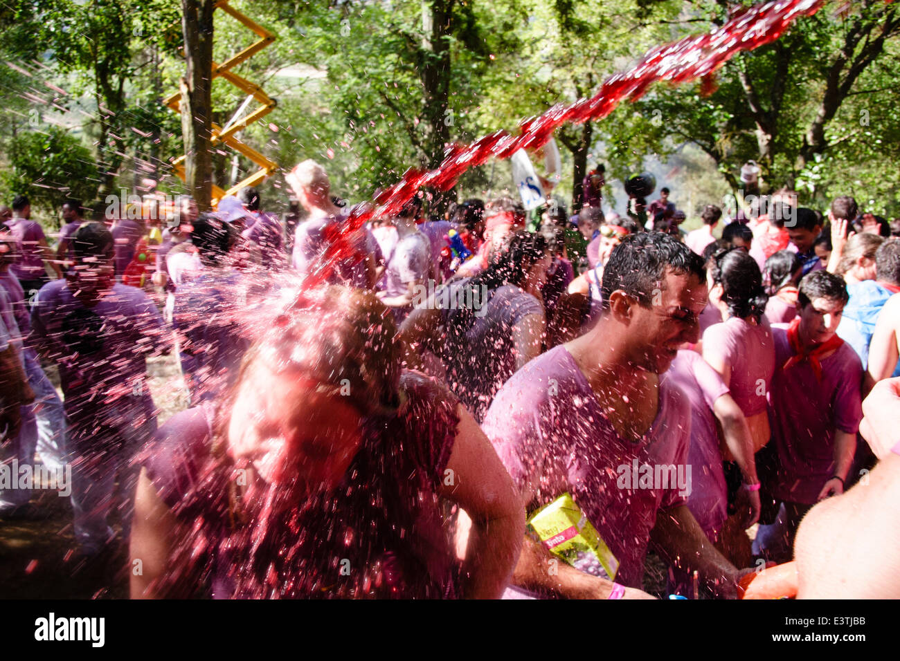 Riscos de Bilibio, Haro, La Rioja, Espagne. 29 juin 2014. Haro carnavaliers à Bataille de vin qui a lieu chaque année sur la journée. La bataille voit des milliers de personnes escalader une montagne près de la ville de Haro et mauvais vin au-dessus de l'autre. Haro est au cœur de la région viticole de Rioja. En 2013 35  % des exportations de La Rioja étaient destinées au Royaume-Uni. Credit : James Sturcke/Alamy Live News Banque D'Images