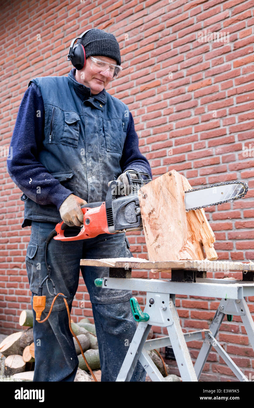 L'homme travaillant sur le tronc de scies à chaîne Banque D'Images