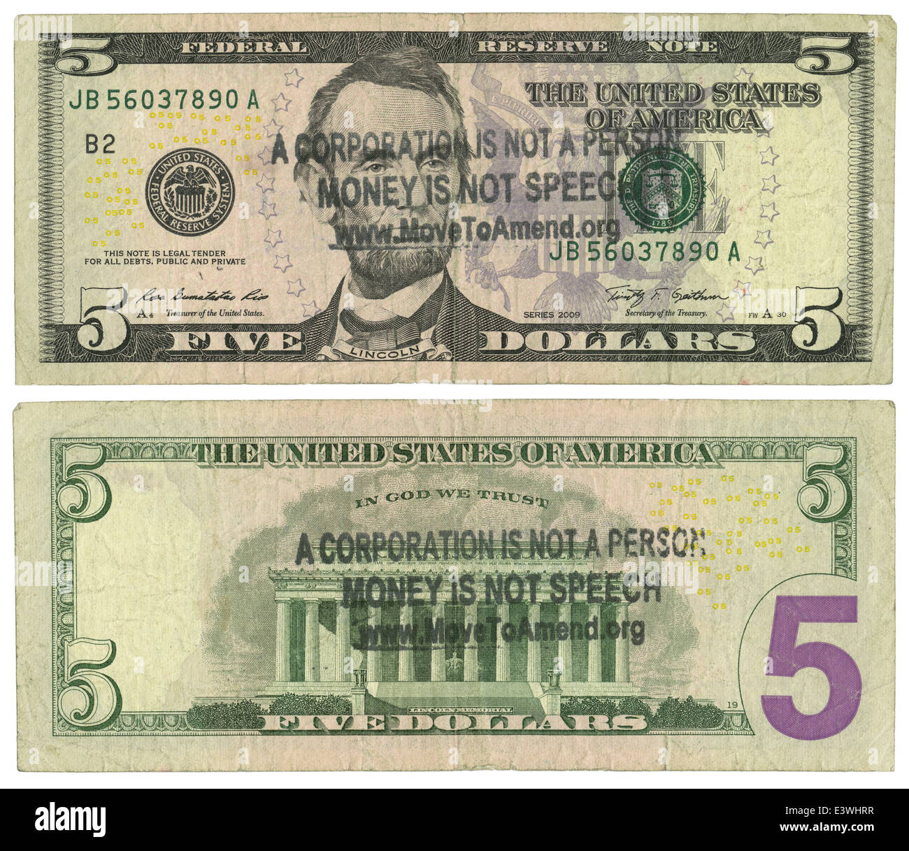 Un billet de 5 $ estampillé avec 'une société n'est pas une personne / l'argent n'est pas Discours / www.SETFLAT Amend.org.' Banque D'Images
