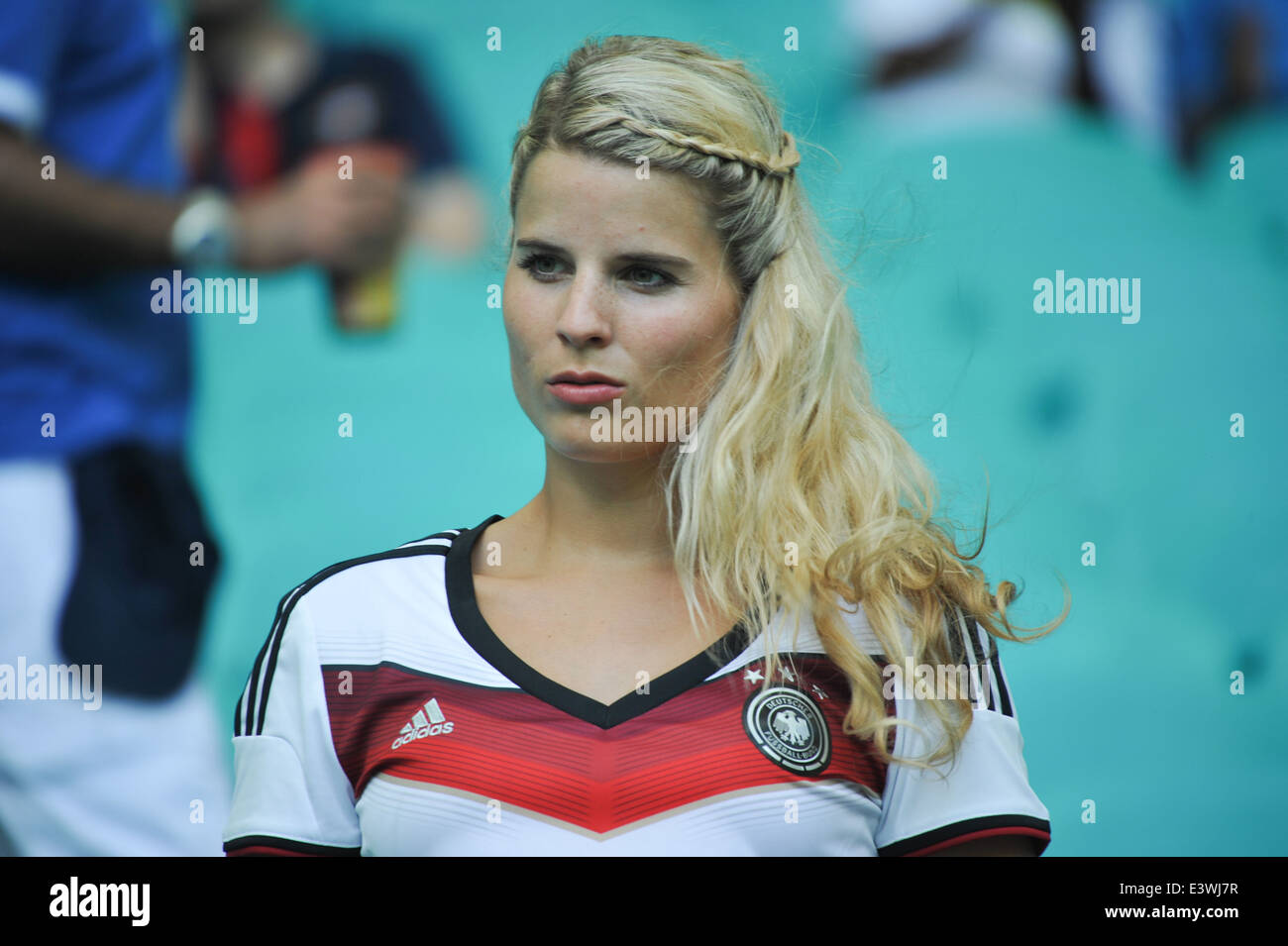 Deutscher weiblicher Ventilateur, WM 2014, Deutschland vs Portugal, Salvador da Bahia, Brésil. Usage éditorial uniquement. Banque D'Images